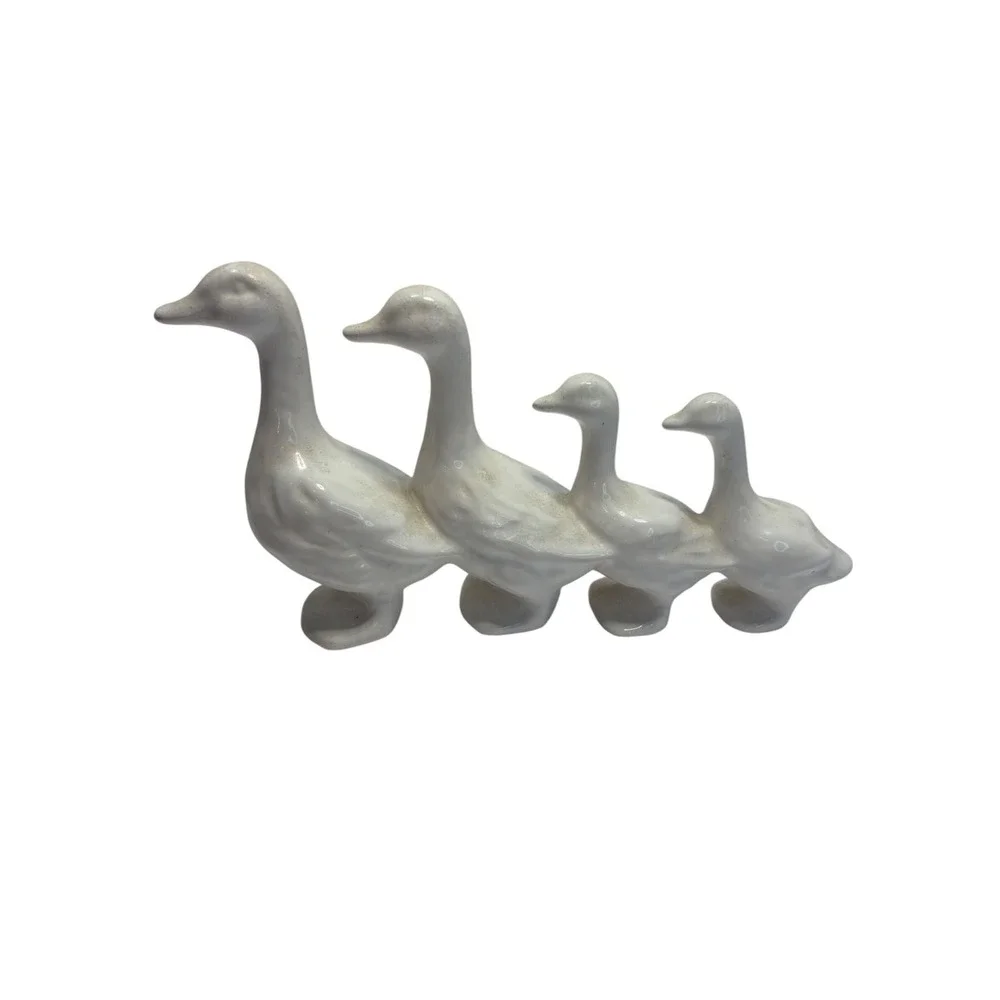 White Ceramic Duck Family Figurine Graduated Geese Row Farmhouse Decor Vintage